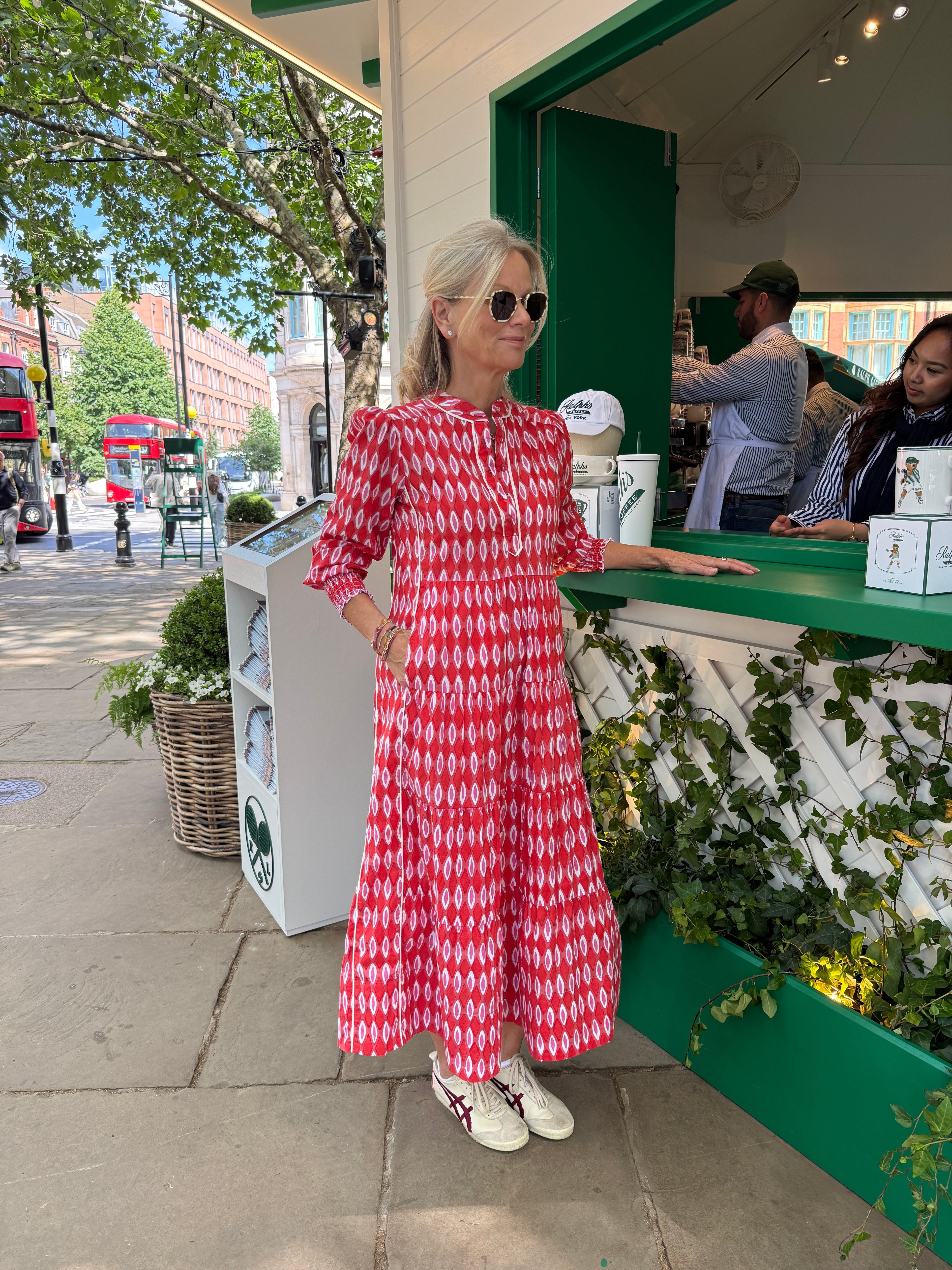 Upstanding Collar Deborah Dress - Red Honeycombe