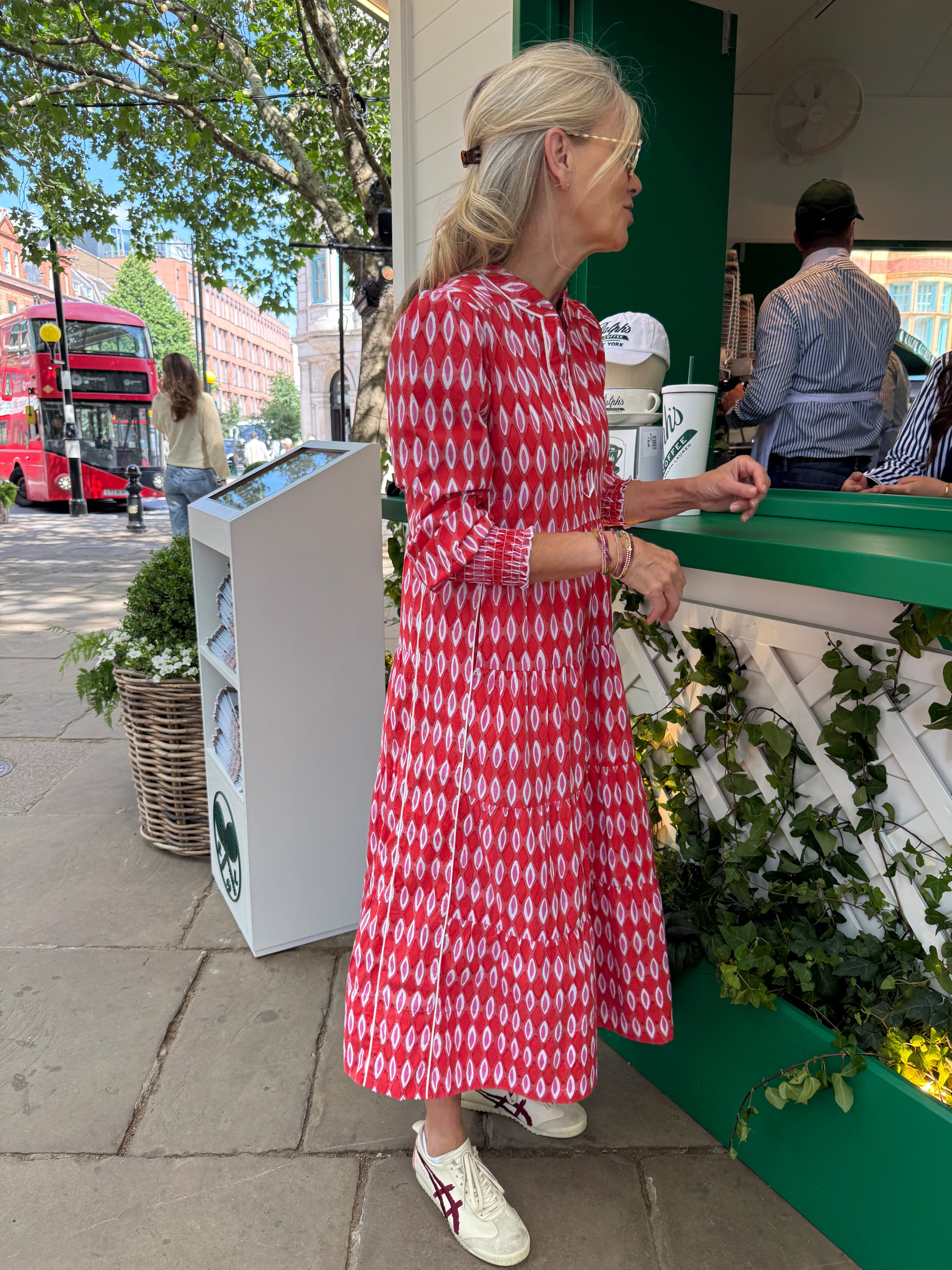 Upstanding Collar Deborah Dress - Red Honeycombe