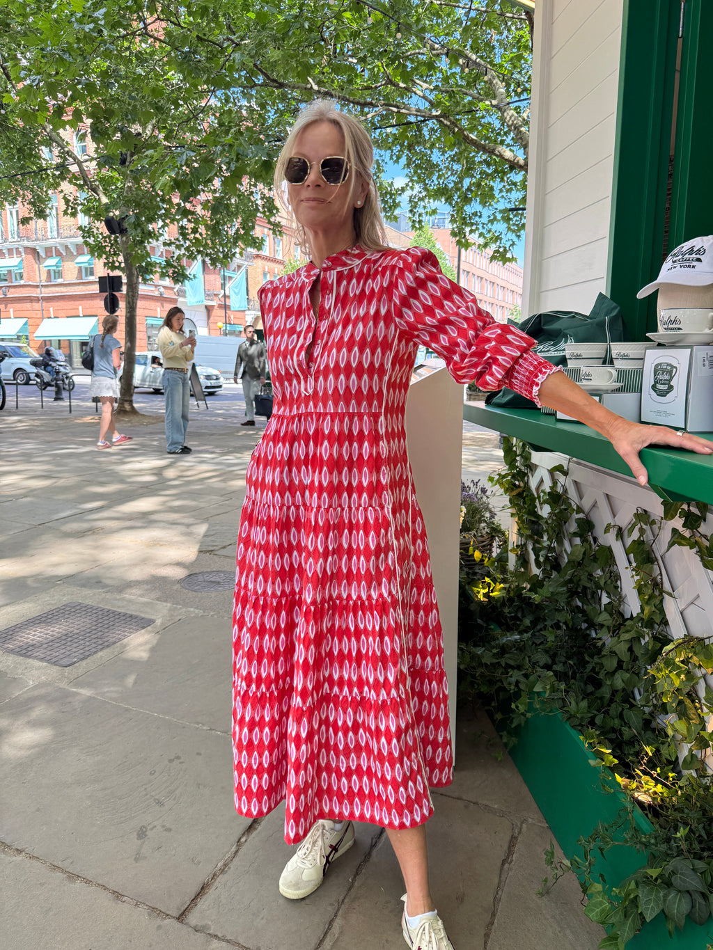 Upstanding Collar Deborah Dress - Red Honeycombe