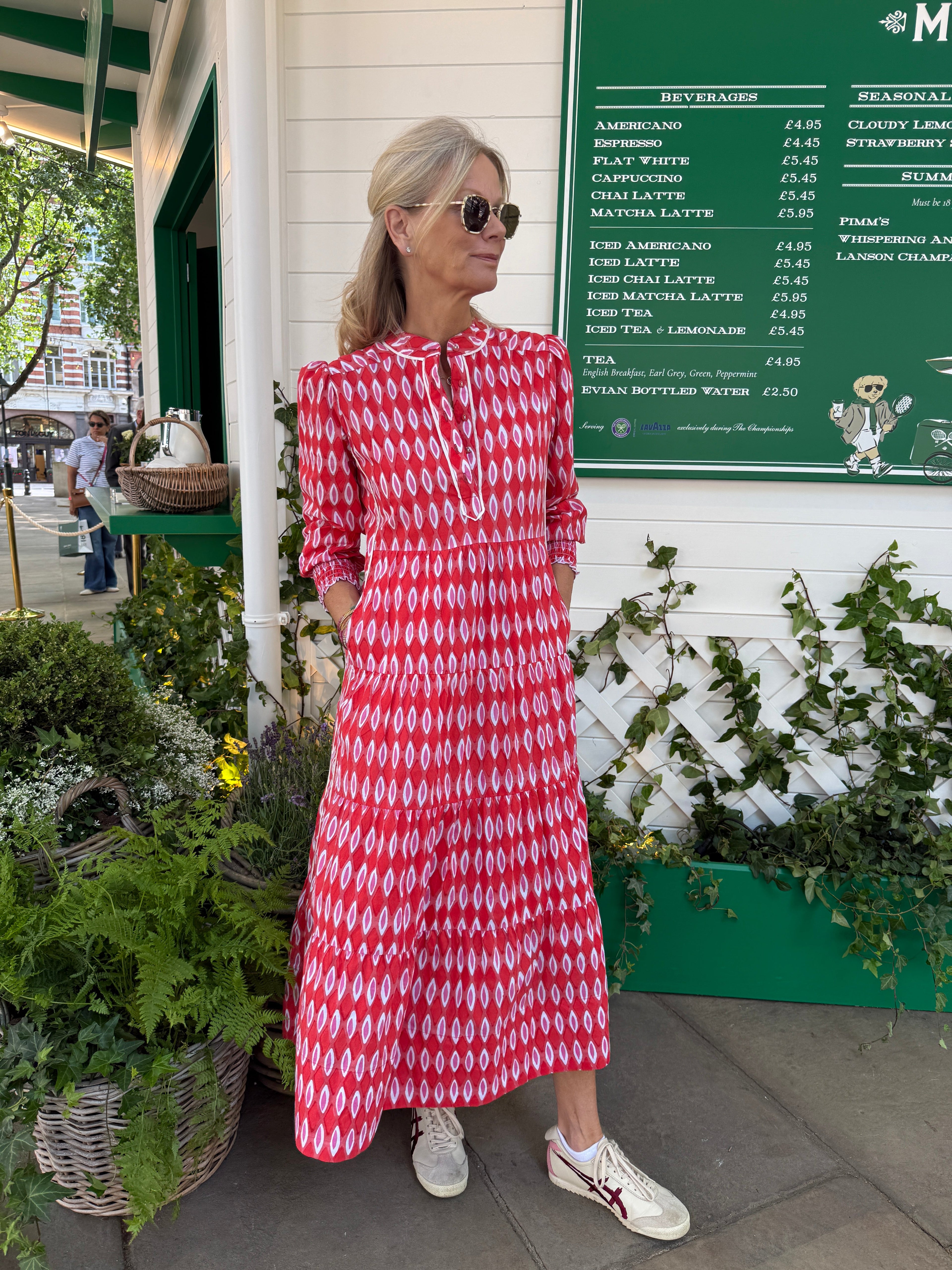 Upstanding Collar Deborah Dress - Red Honeycombe