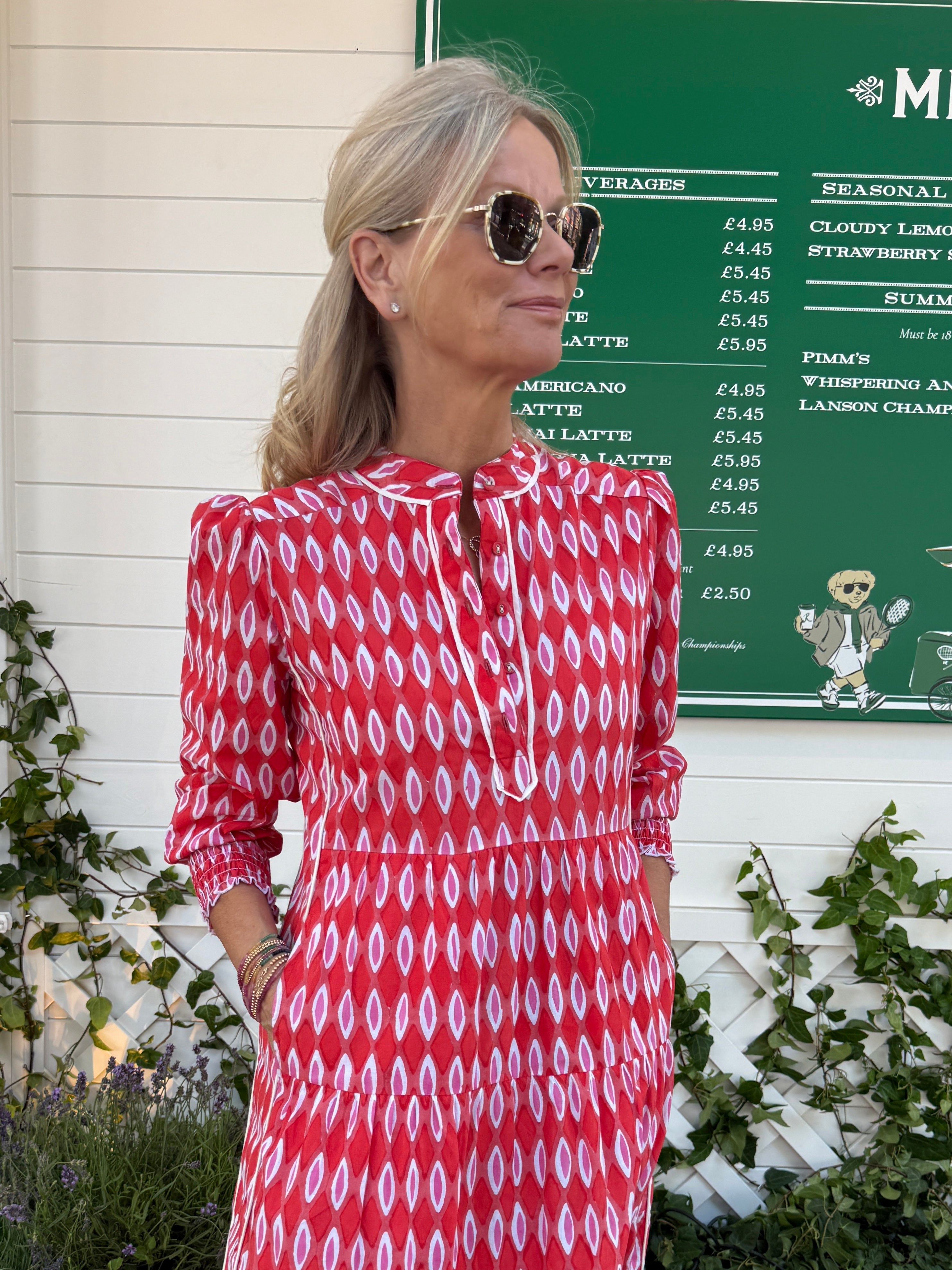 Upstanding Collar Deborah Dress - Red Honeycombe