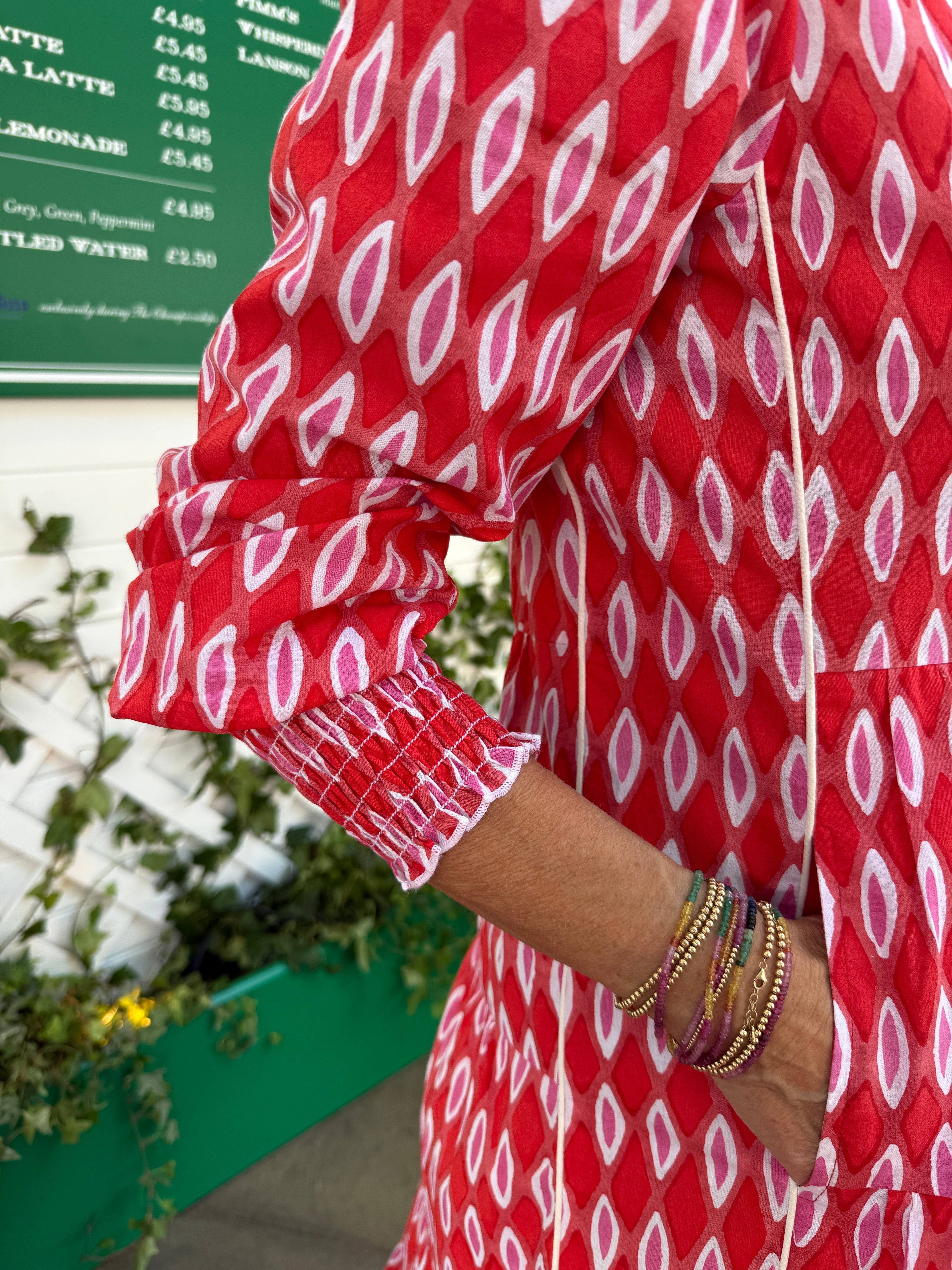 Upstanding Collar Deborah Dress - Red Honeycombe